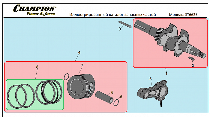 9 ПОРШЕНЬ -ЦИЛИНДР -КОЛЕНВАЛ- КОЛЬЦА | СНЕГОУБОРЩИК CHAMPION ST662E |Запчасти по России | СПБ