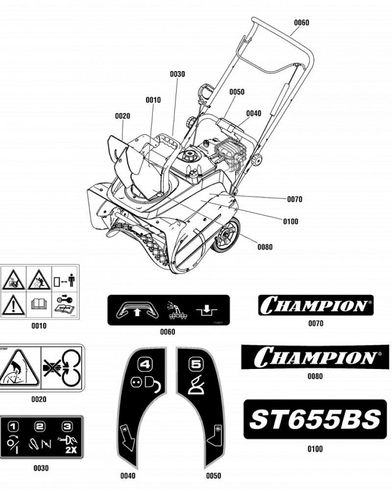 6 НАКЛЕЙКИ СНЕГОУБОРЩИК CHAMPION ST655BS ручное управление желобом |Запчасти по России | СПБ
